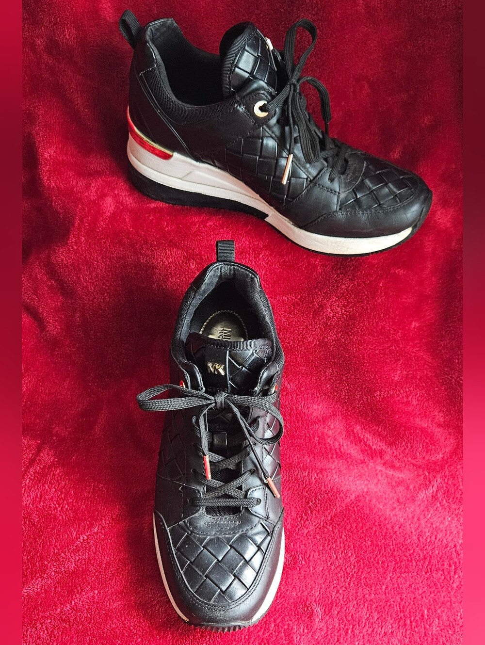 Michael Kors Georgie Black Woven Leather Trainer Sneaker, Patent Accents -Size 7